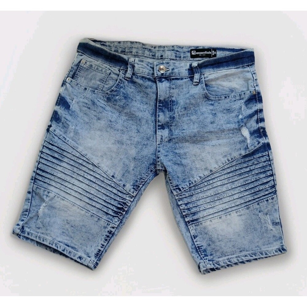 SP Essentials Slim Men's Denim Shorts Size 36 Blue Acid Wash Moto Ribbed Knees